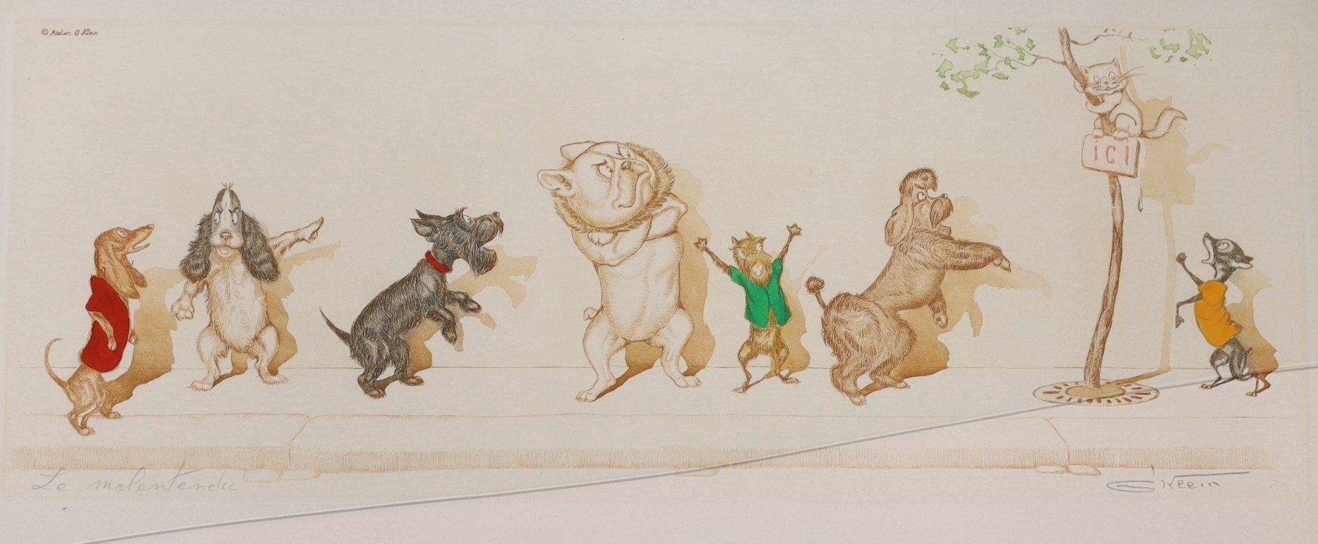 Boris O'Klein, four coloured aquatints from the Dirty Dogs of Paris series, signed in pencil, 17 x 44cm